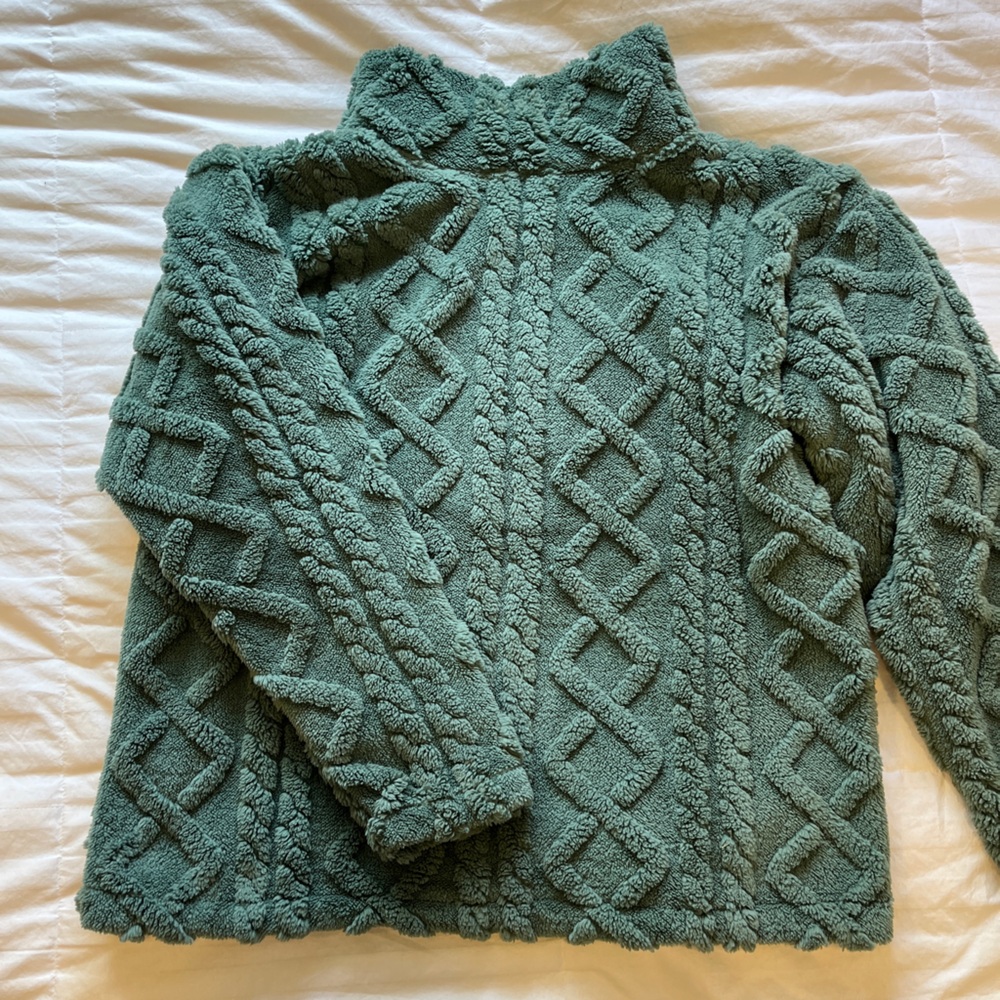 Eddie Bauer Teal Fuzzy Cable Knit Turtleneck Sweater